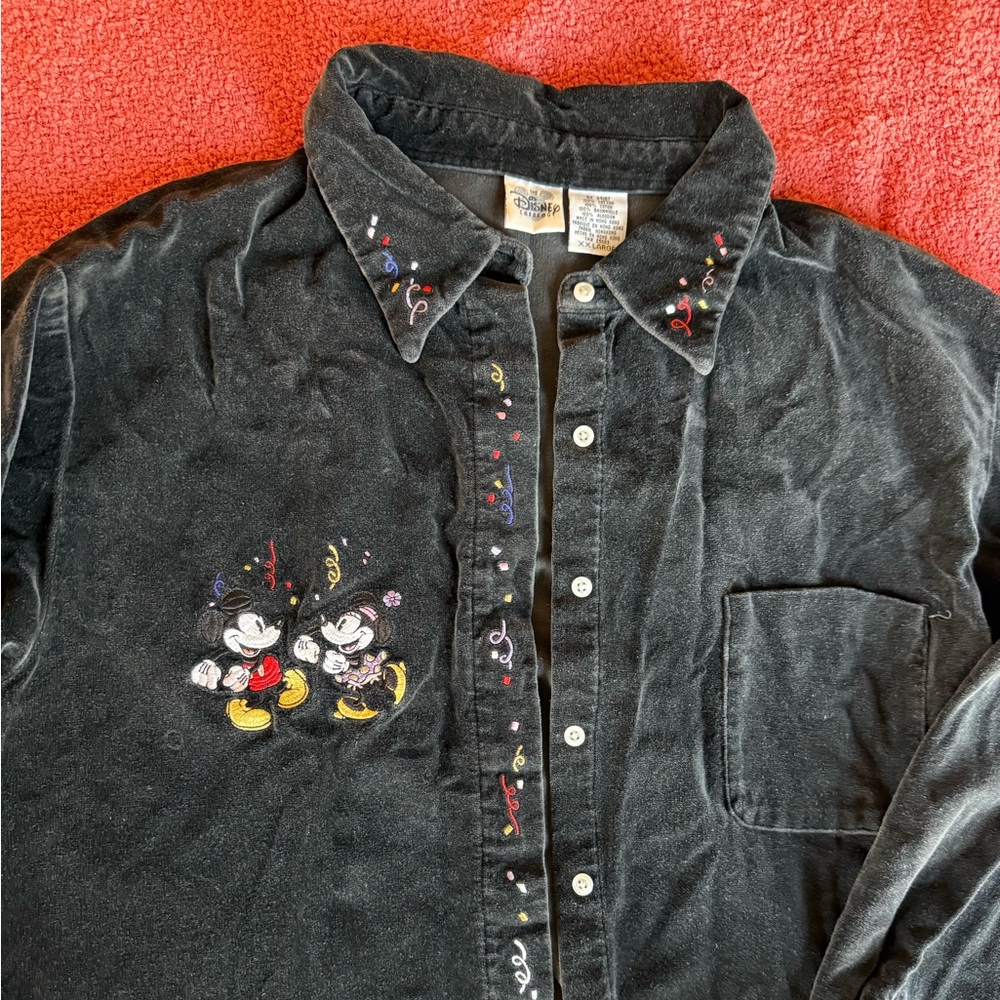 Vintage Disney Store Velvet Embroidered Mickey Minnie Confetti NYE button shirt